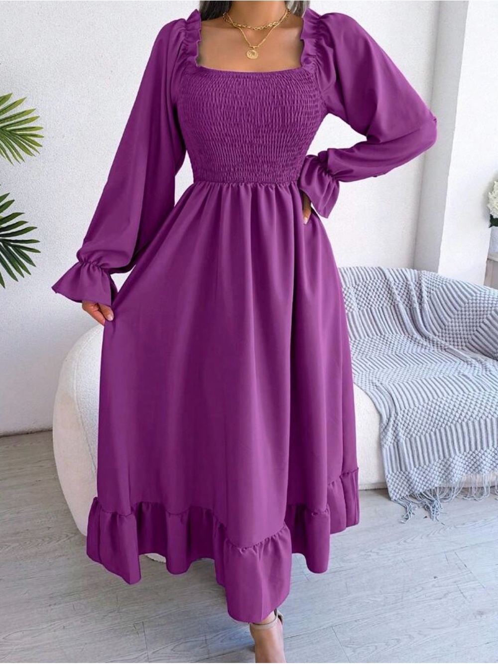 Purple Smocked Long Sleeve Midi Dress - Women